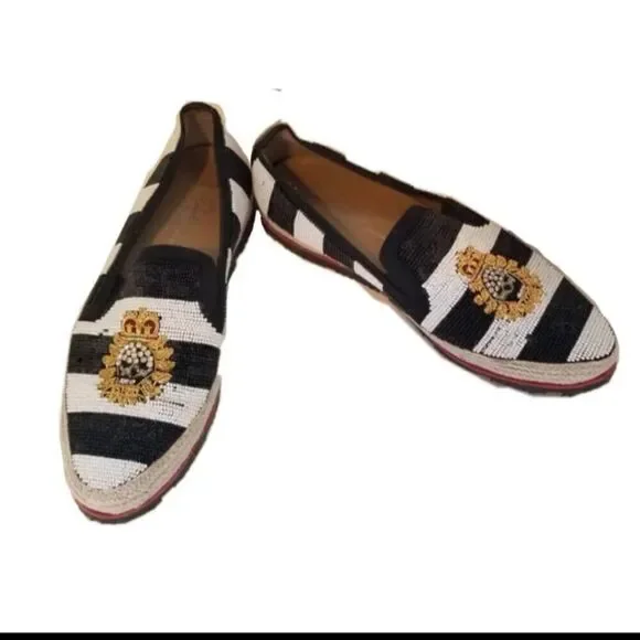 Donald J. Pliner Italian loafers size 6.5 striped black white royalty glam beade - Picture 2 of 10